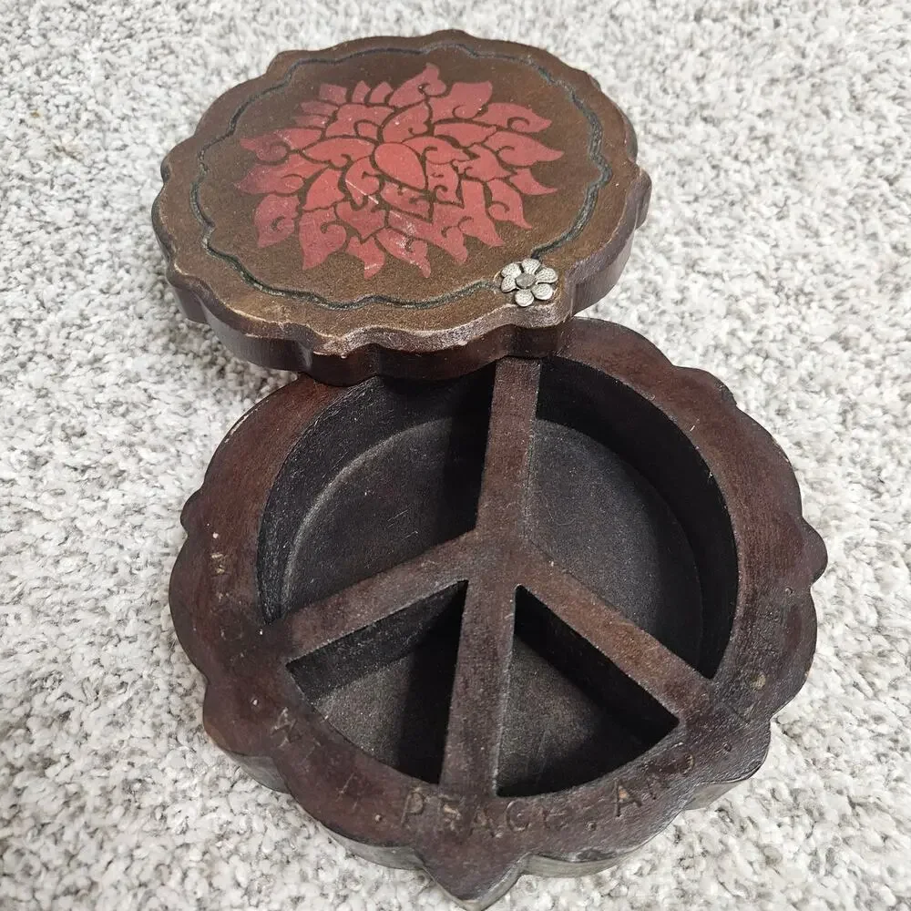 Lucky Brand Wooden Trinket Box Hand Carved Red Floral Boho Jewelry Box India